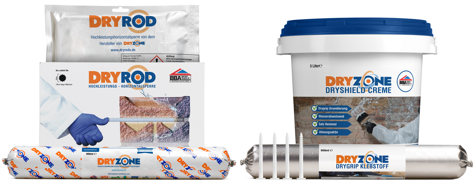 Das Dryzone Express System zur Wiederverputzung: Dryshield Creme, Drygrip Klebstoff, Dryzone Horizontalsperre-Creme and Dryrod Hochleistungs-Horizontalsperre